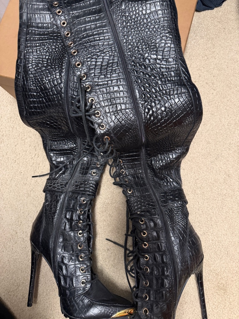 Black Croc-Embossed Lace-Up Stiletto Boots
